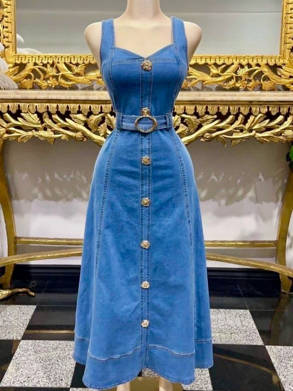Sleeveless Blue Denim Maxi Dress with Decorative Buttons & Belt
